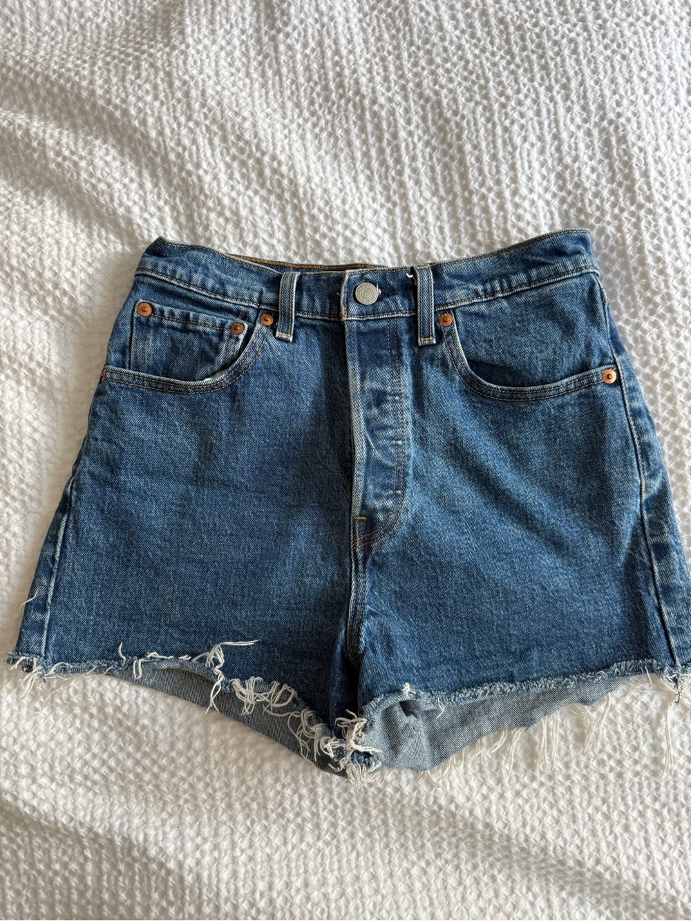 Levi's High Waist Ribcage Denim Shorts, Medium Dark Blue Distressed Shorts, 27